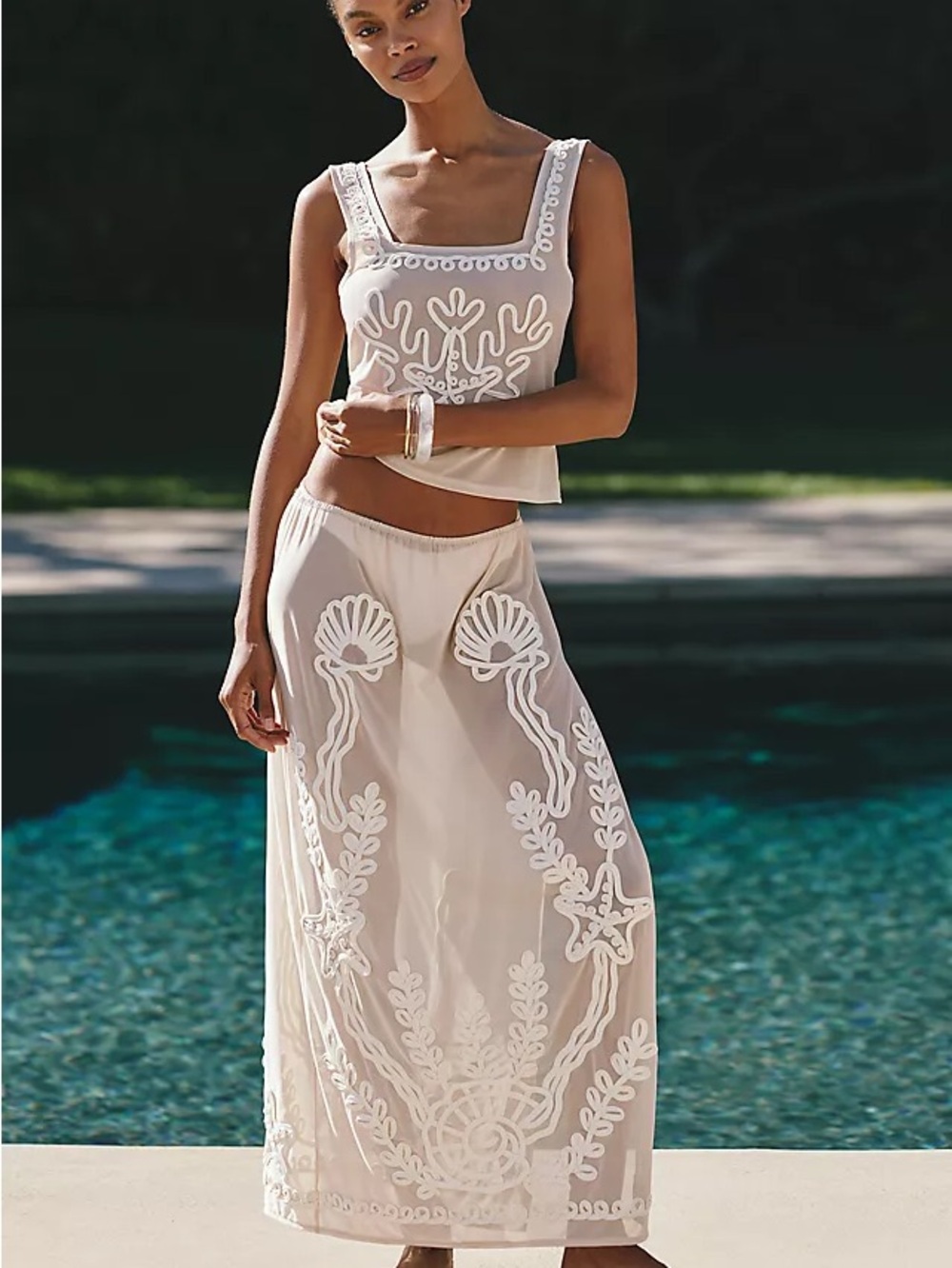 Anthropologie Celandine Sheer Embroidered White Maxi Skirt